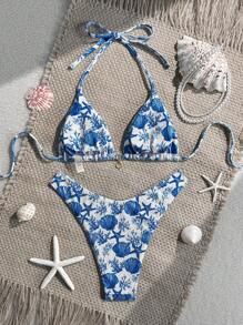 Swim Mod 2 件套夏季假期随机印花罗纹纹理面料金色贝壳装饰吊带文胸上衣和高腰泳裤性感比基尼泳装 - 彩色 - 查看 2