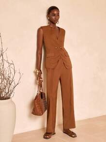 Zivah 2025 新款夏季母亲节婚礼嘉宾生日派对日常休闲度假时尚别致街头优雅办公室商务休闲 V 领无袖纽扣背心外套和直筒裤棕色竹纤维面料女 2 件套秋冬 - 棕色 - 查看 8