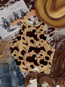 SHEIN EZwear 休闲简约牛奶纹理西部风格印花紧身圆领背心，适合夏季