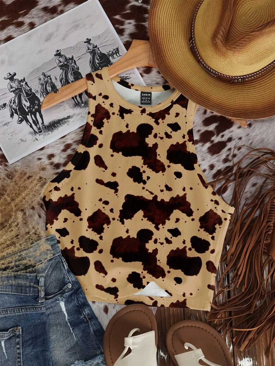 SHEIN EZwear 休闲简约牛奶纹理西部风格印花紧身圆领背心，适合夏季