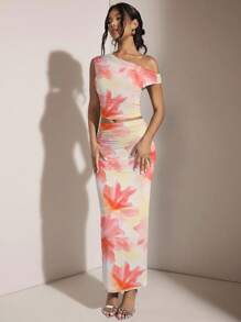 SHEIN BAE 女式不对称褶皱修身两件套，适合夏季/海滩度假、生日派对，优雅图案印花上衣 - 粉色 - 查看 5