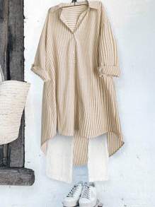 Linhara 大码女式休闲百搭法式复古风格时尚都市女性经典蓝白条纹设计别致修身百搭衬衫