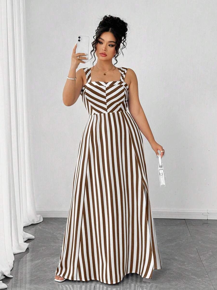 Elenzga Women's Elegant Sleeveless Striped Midi Dress, Summer - Coffee Brown - View 1