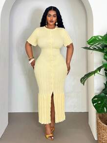 Slaydiva 春夏新品百搭优雅针织 A 字裙，休闲日常穿着，生日，派对，通勤，大码，短袖圆领 - 黃色 - 查看 6