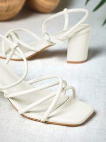 SHUZIA Women Minimalist Chunky Heeled Ankle Strap Sandals, Elegant Summer Heeled Sandals - White - View 6