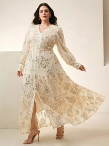 Anewsta Women's Elegant Vacation V-Neck Long Sleeve Hollow Dress With Sequin Texture - Apricot - View 3