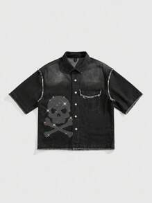ROMWE MEN Goth Men's Boxy Fit Printed Denim Shirt, Rhinestone Short Sleeve Denim Top - Black - View 1