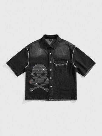 Goth Men's Boxy Fit Printed Denim Shirt, Rhinestone Short Sleeve Denim Top