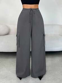 SHEIN SXY Pantalon cargo ample à jambes larges et poches à rabat de couleur unie pour femmes, pantalon à jambes larges pour femmes, pantalon gris, pantalon ample pour femmes, pantalon décontracté pour femmes, enseignante, Y2K, sortie, décontracté d'affaires, bureau - Gris - Voir 4