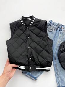 SHEIN Chaleco/Chaqueta negra con estampado gráfico de letra y acolchado, estilo callejero casual y holgado para niño, forro grueso, cómodo para ir al trabajo, la escuela, uso diario, deportes, adecuado para otoño e invierno - Negro - Ver 2