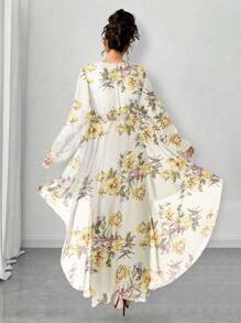 Elenzga Set de 2 piezas para mujer talla grande: Blusa de manga larga con escote en V y cinturón con estampado floral de gasa y leggings ajustados