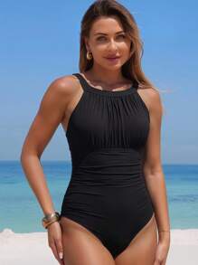 Swim Lushoire 1pc Solid Color Ruched Tummy Control One-Piece Swimsuit For Women For Summer Beach Vacation - Black - View 4