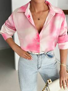 EURMUSE Women's Tie-Dye Print Long Sleeve Button-Up Casual Shirt - Pink - View 6