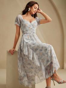 Anewsta Elaire 女士优雅浪漫碎花方领雪纺精致派对礼服 - 藍色 - 查看 3