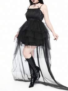 ROMWE Goth 复古哥特式前短后长女式连衣裙 - 黑色 - 查看 5