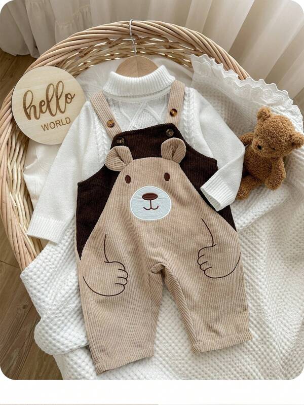 Enterizo de Mono con babero y pantalones con oso de dibujos animados bordado a contraste para bebé recién nacido niño