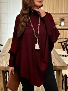 Linhara بونشو كنزة صوفية محبوك بأكمام خفاش وياقة عالية بأزرار، لون أحادي أنيق مناسب للخريف والشتاء - عنابي اللون - مشاهدة 6