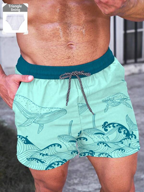 Manfinity Swimmode Men's Summer Whale Print Drawstring Waist Beach Swimming Trunks