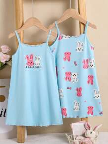 Set de 2 piezas de pijamas de vestido de camisola tejida con estampado de conejitos cómodo y lindo en blanco y rosa para niñas