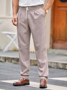 Manfinity VCAY Men's Casual Woven Elastic Waist Draw String Tapered Leg Pants, Suitable For Daily Wear Men Drawstring Pants, Fall, Old Money - Khaki - View 5