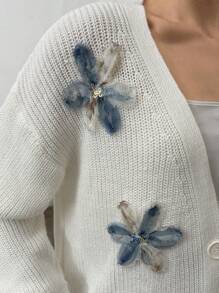 EURMUSE Áo len cardigan tay phồng họa tiết hoa 3D thanh lịch dành cho nữ - Màu be - Xem 3