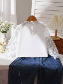 Young Girls White Long Sleeve Polka Dot Mesh Soft Comfortable Ruffled Collar Blouse Casual Daily Wear, Spring Autumn Back To School Look Fall Winter - White - View 2