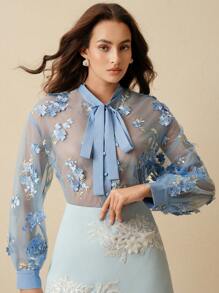 Anewsta Blusa elegante de mujer con malla transparente y flores 3D para ir al trabajo