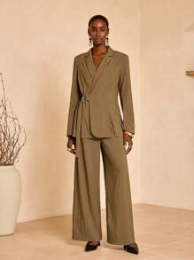 Zivah 2025新款秋冬休闲优雅通勤日常约会上班族翻领长袖腰部可调节腰带装饰宽松卡其色正装西装外套+西裤阔腿裤长裤卡其色女装套装-西装套装女 - 棕色 - 查看 5