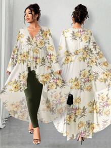 Elenzga Set de 2 piezas para mujer talla grande: Blusa de manga larga con escote en V y cinturón con estampado floral de gasa y leggings ajustados