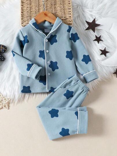 Genkimix Kids 2pcs Baby Boy Cute Star Print Cardigan And Pajama Set, Spring/Autumn