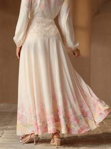 Anewsta 女装春夏时尚定位印花蕾丝拼接杏色半裙 - 杏色 - 查看 2