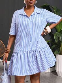 Slaydiva Plus Size Vertical Striped Short Sleeve Casual Loose Button Front Dress, Summer - Blue and White - View 1