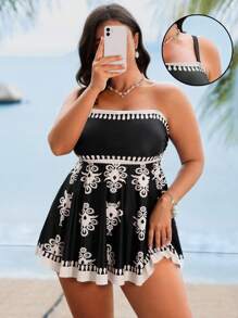 Swim Lushoire Plus Size Women Simple Bohemian Print Tankini Top, Suitable For Everyday Wear In Summer - Multicolor - View 1