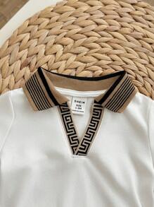 2件套新生儿男女宝宝休闲学院风V领针织小logo印花连体衣套装，夏季派对及户外活动服 - 彩色 - 查看 5