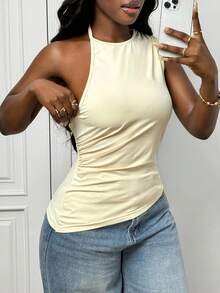 Slaydiva 2025 Sommer Neu Sexy creme gelber asymmetrischer rückenfrei ärmellos Crop Top für Frauen, geeignet für Ostern, Musikfestivals, Alltag, Party, Weihnachten, Valentinstag, Dates, Strand, Kreuzfahrt, Karneval - Gelb - Übersicht 4