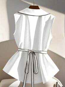 Franclia Camisa de mujer sin mangas de moda con cuello de solapa y cintura fruncida - Blanco - Ver 2