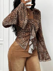 Slaydiva Elegant Brown Leopard Print Mesh Sheer Blouse,Autumn Ruffle Trim Tie Front Women Top For Night Out,Music Festival,Daily,Party,Date,Beach,Cruise - Multicolor - View 6