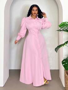 Veslaya Đầm dài dáng suông thanh lịch, màu trơn, tay cánh hoa, cài cúc phía trước, dành cho người có thân hình đầy đặn, thích hợp - Hồng - Xem 6