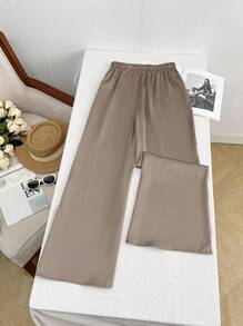 Pantalones sueltos informales de pierna ancha y cintura elástica de unicolor para mujer
