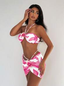 EgrlEra 3pcs/Set Women's Swimsuit, Randomly Printed Yellow Floral Halter Top With Ruffle Trim, And Matching Floral Print Tie Waist Swimsuit Bottom And Skirt, European And American Pure Style For Beach, Pool, Vacation For Summer