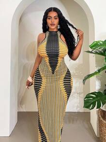 Veslaya 2025 Spring/Summer New Arrival Plus Size Women Dress, Casual/Resort/Tropical Vacation/Music Festival/Road Trip/Date/ Holiday/Party/Sexy Club Outfit, Street Fashion Fitted Mandarin Collar Sleeveless Yellow & Black Abstract Tech Symmetrical Color Blocking Midi Dress - B Plus Size Bodycon Dress Curve Summer Dresses Bodycon Maxi Dress - Yellow - View 4