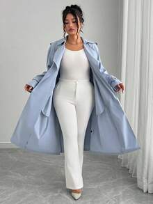 Elenzga 大码时尚休闲复古风格翻领双排扣经典中长款风衣，适合日常穿着、商务穿着、度假穿着