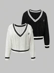 Franclia Halloween V-Neck Contrast Color Horse Embroidery Pullover Sweater, Multi-Color Set Fall Winter Cloth For Women - Black and White - View 1