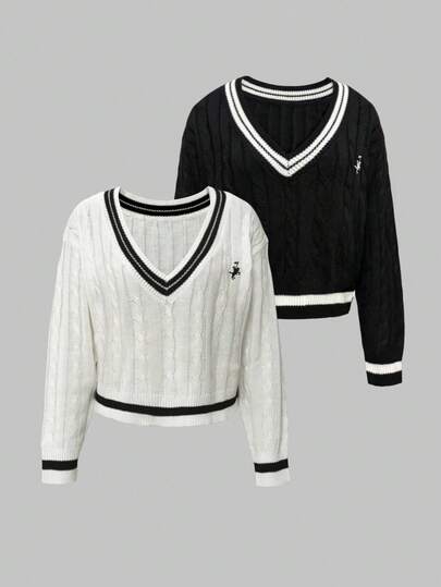 Franclia Halloween V-Neck Contrast Color Horse Embroidery Pullover Sweater, Multi-Color Set Fall Winter Cloth For Women