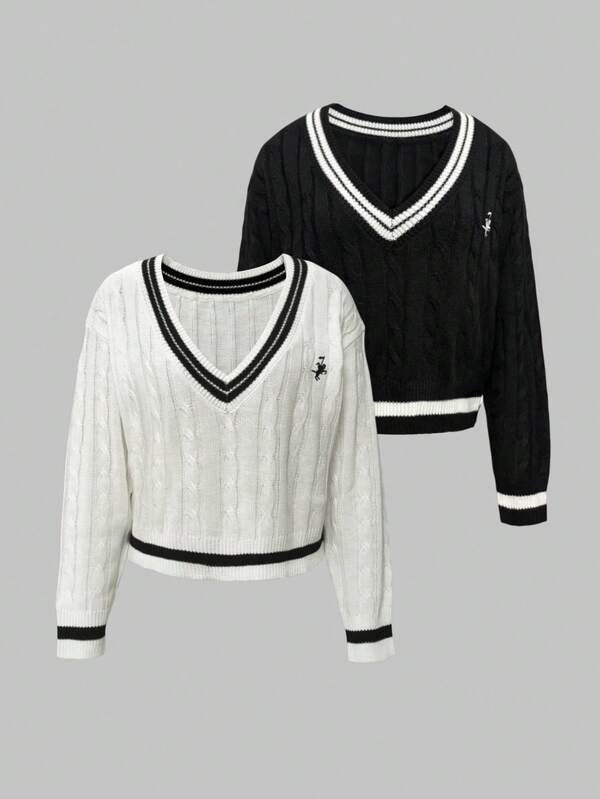 Franclia Halloween V-Neck Contrast Color Horse Embroidery Pullover Sweater, Multi-Color Set Fall Winter Cloth For Women