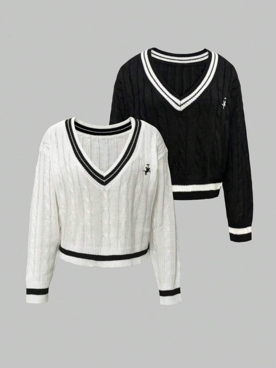 Franclia Halloween V-Neck Contrast Color Horse Embroidery Pullover Sweater, Multi-Color Set Fall Winter Cloth For Women - Black and White - View 1