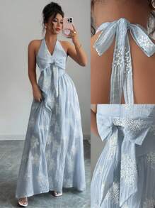 Elenzga Women's Floral Jacquard Knotted Front Sleeveless Midi Dress, Random Print