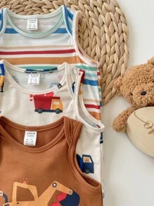 3 件套新生儿男婴/女婴夏季可爱卡通条纹图案连体衣套装 - 彩色 - 查看 6