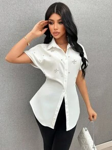 Vavine Women's Elegant Rhinestone Decoration Cinched Waist Blouse, Summer
