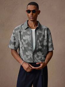 AKNOTIC X Nawaf Alabid 男士花卉提花休闲宽松短袖 Polo 衫，适合夏季、度假、日常、派对、情侣装、礼物 - 黑色 - 查看 6